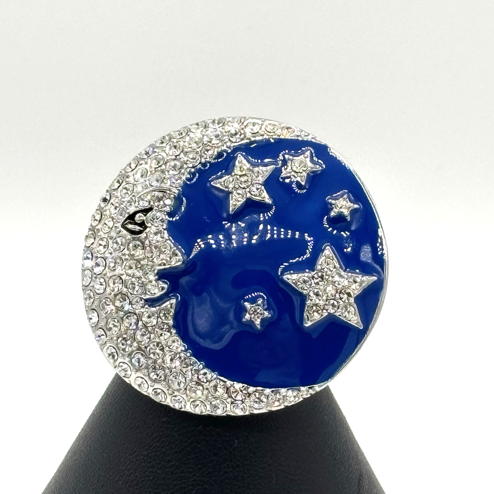 Blue Enamel & Rhinestone Crescent Moon Stars Pendant Brooch Necklace Celestial